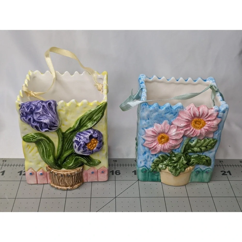 Ks‎ Collection Ceramic Basket Lot of 2 Flowers 4 Inch